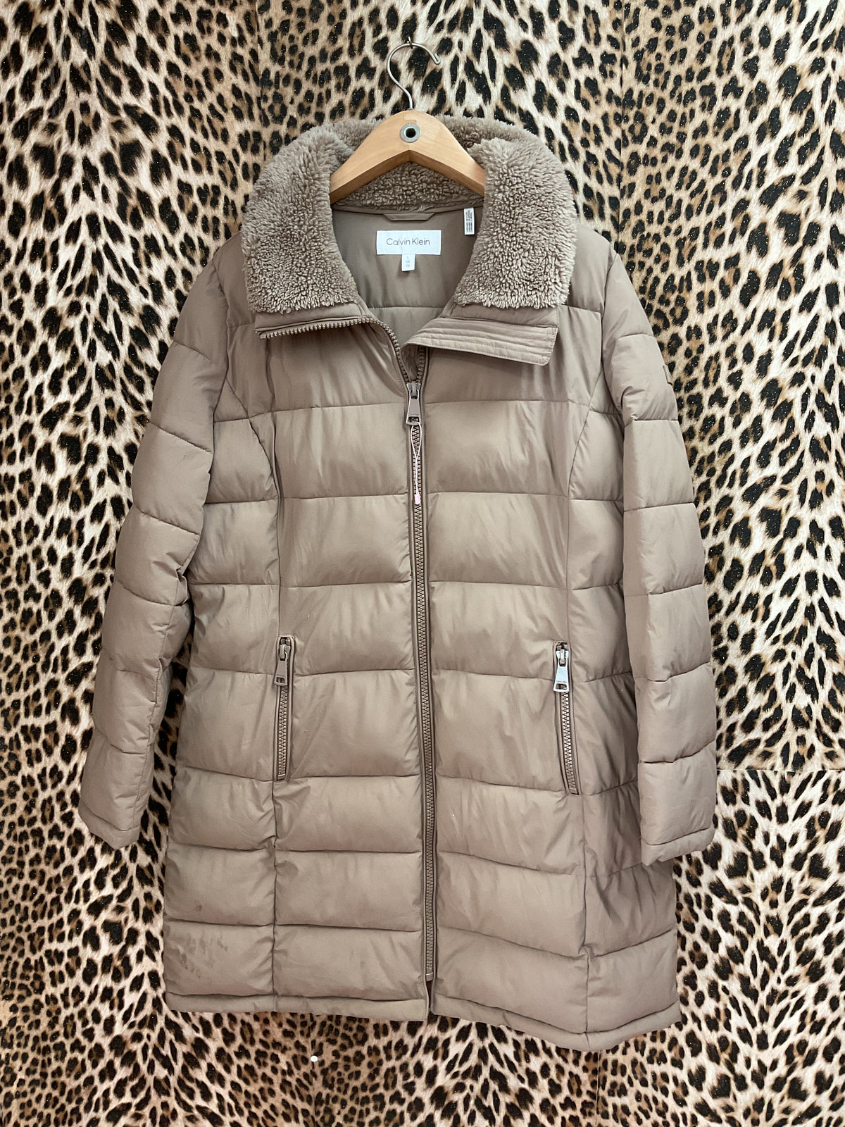 Calvin Klein faux fur stand collar taupe puffer coat